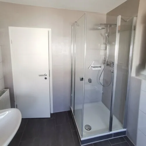 Badezimmer mit verglaster Duschkabine, Regendusche, hellen Wänden und dunklen Bodenfliesen